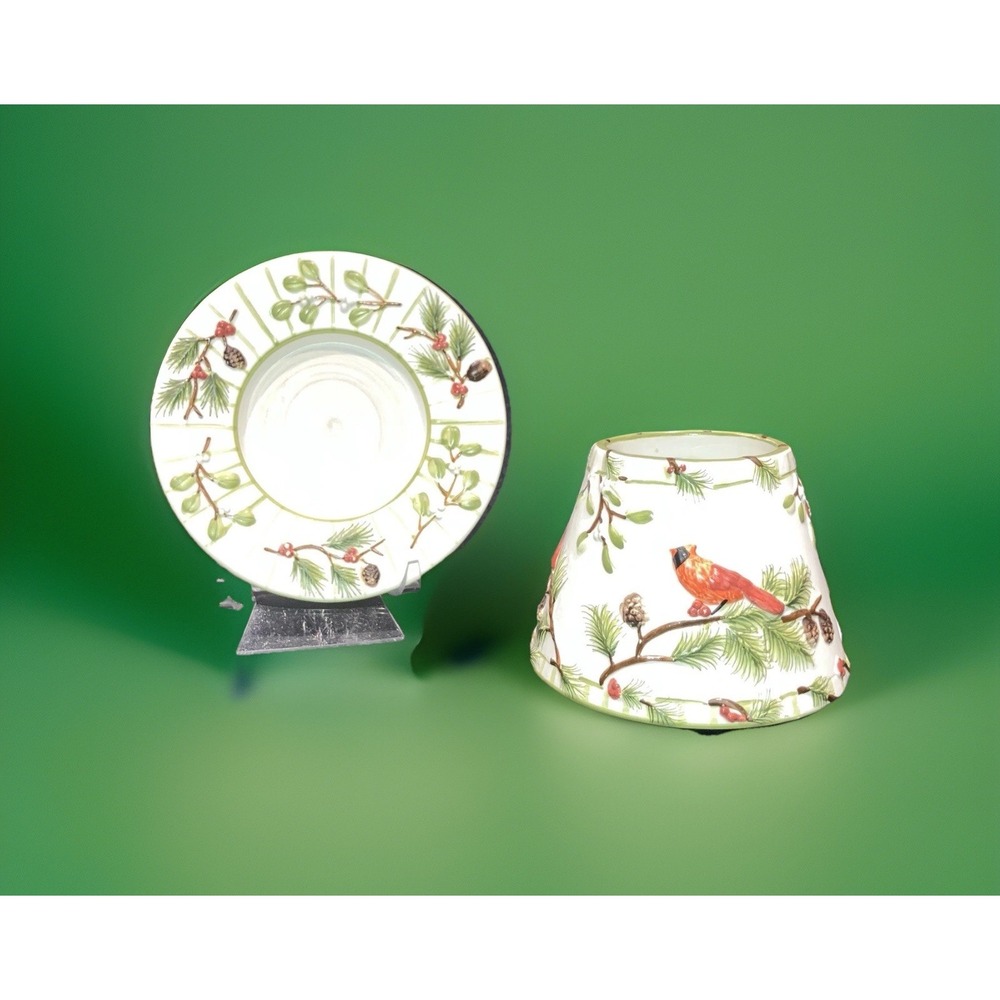 Yankee Candle Ceramic Cardinals in Pine Tree Jar Topper Shade and Plate Small